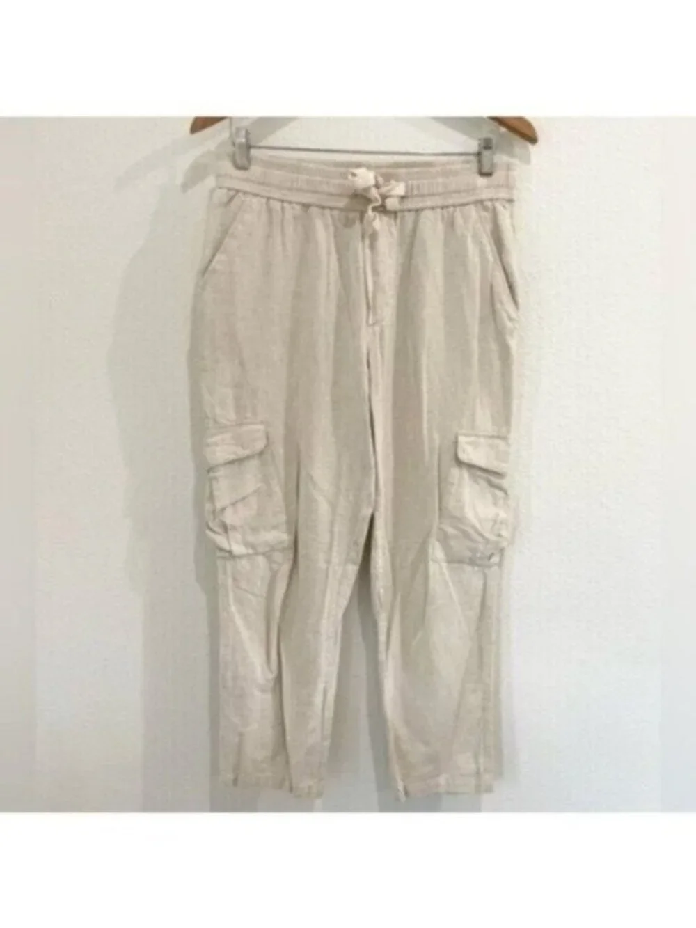 Zara Neutral Cargo Linen Ankle Pants Relaxed Fit Boho Coastal Cream